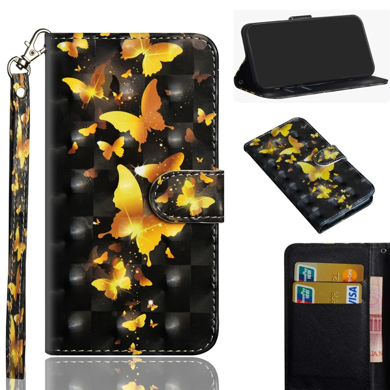Light Spot Decor Pattern Printing Wallet Stand Leather Shell with Strap for Google Pixel 4a 4G - Gold Butterfly