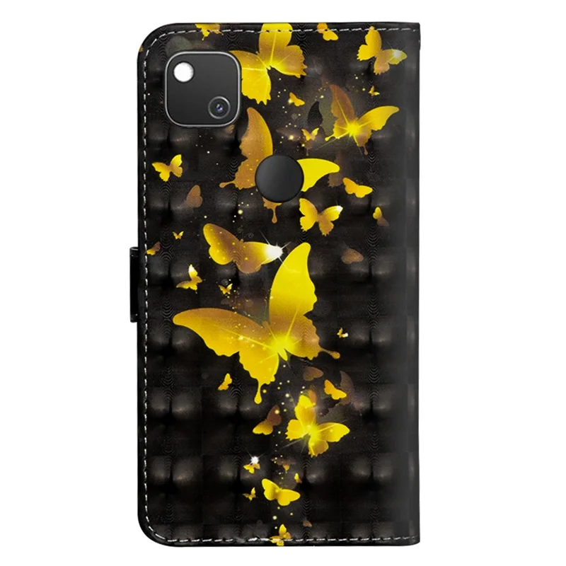 Light Spot Decor Pattern Printing Wallet Stand Leather Shell with Strap for Google Pixel 4a 4G - Gold Butterfly