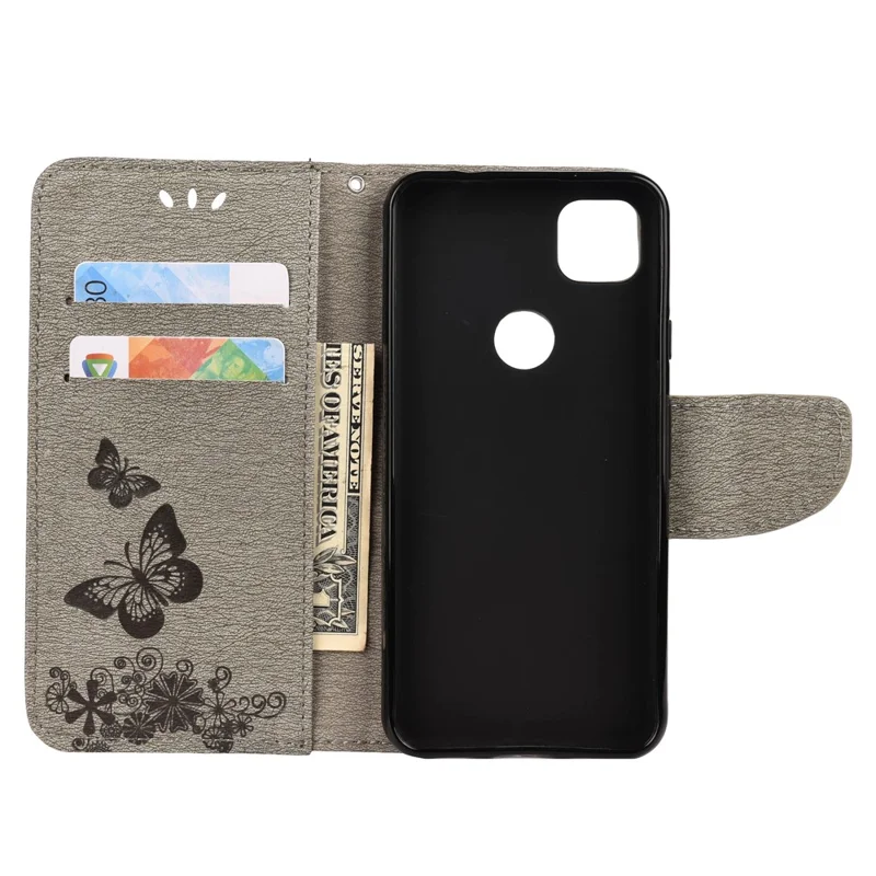 Butterfly Pattern Imprinting TPU + PU Leather Phone Protector for Google Pixel 4a 4G - Grey