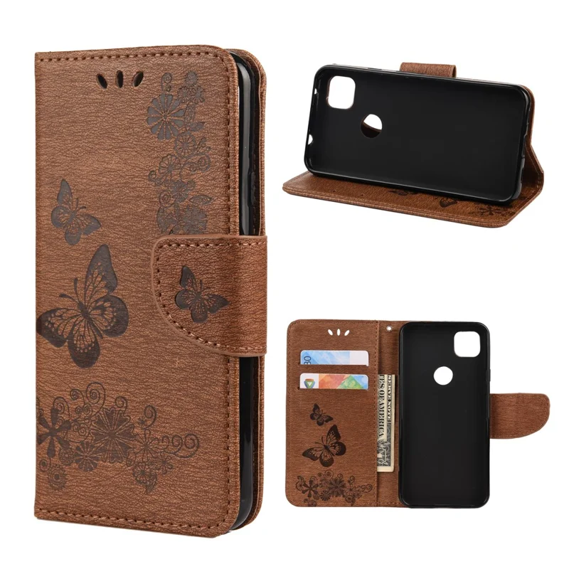 Butterfly Pattern Imprinting TPU + PU Leather Phone Protector for Google Pixel 4a 4G - Brown