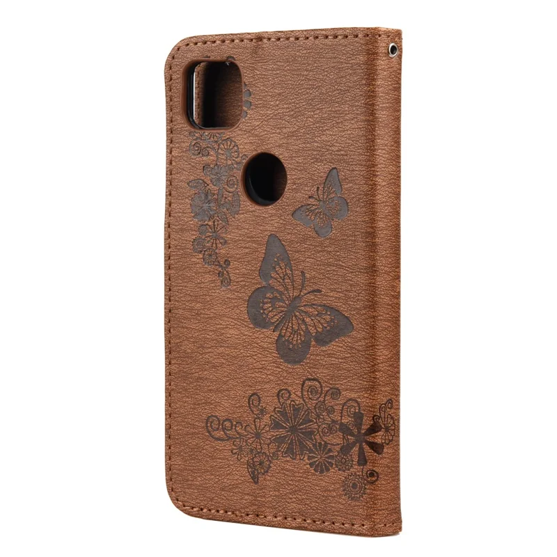 Butterfly Pattern Imprinting TPU + PU Leather Phone Protector for Google Pixel 4a 4G - Brown
