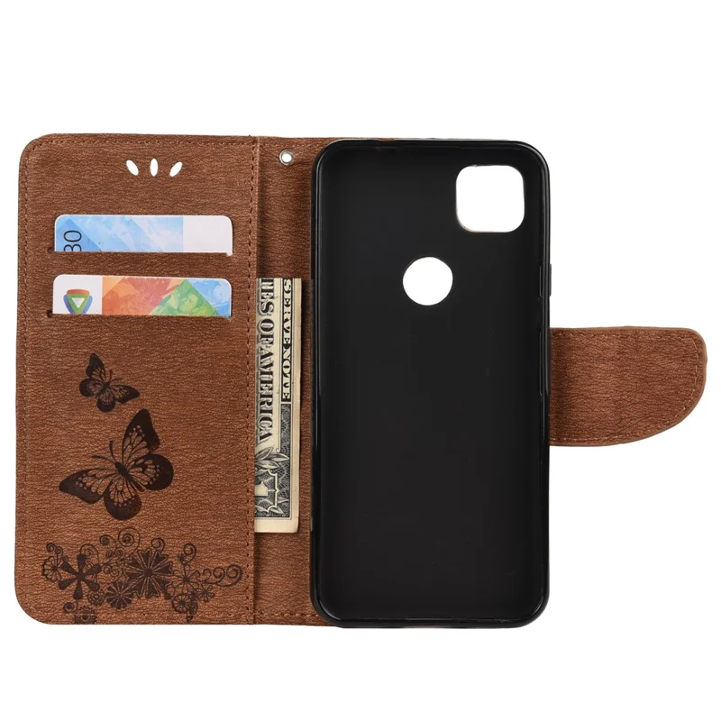 Butterfly Pattern Imprinting TPU + PU Leather Phone Protector for Google Pixel 4a 4G - Brown