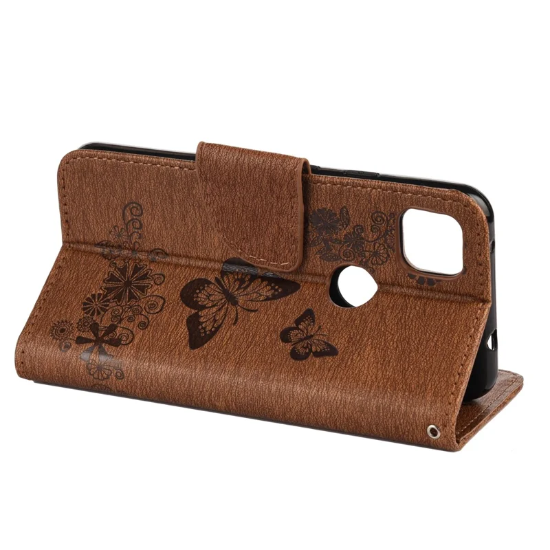 Butterfly Pattern Imprinting TPU + PU Leather Phone Protector for Google Pixel 4a 4G - Brown
