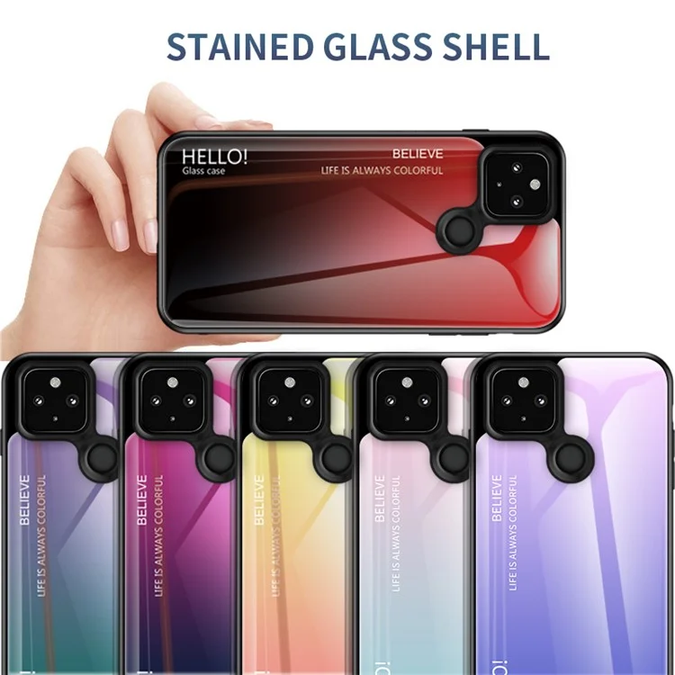 Soft TPU Edge + Gradient Tempered Glass Cell Phone Case for Google Pixel 5 - Red/Black