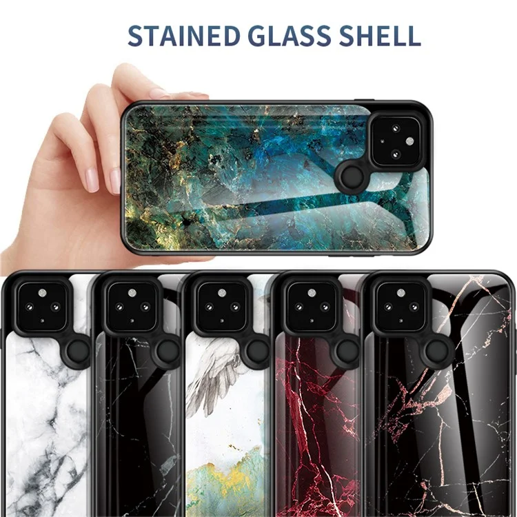 Couverture Hybride de Téléphone Portable en Verre Trempé Élégant Pour Google Pixel 5 - Marbre Émeraude