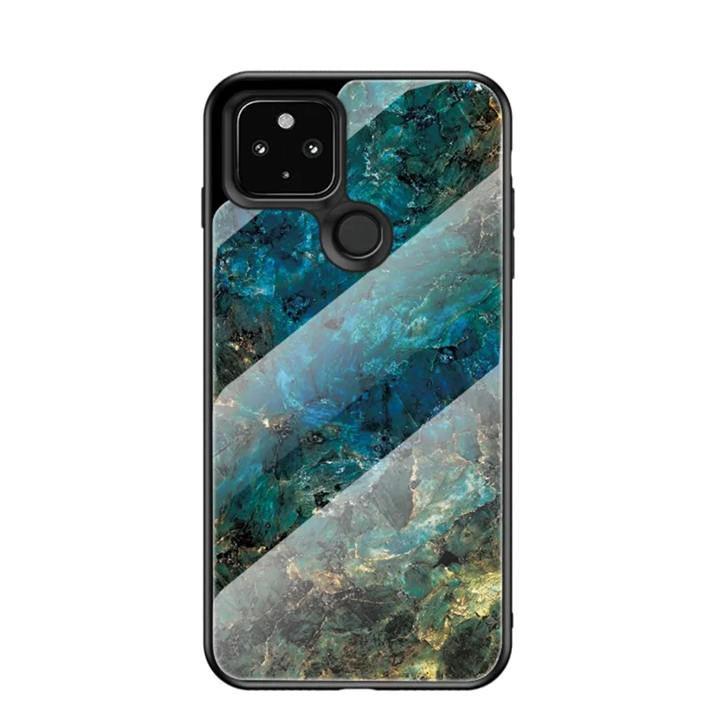 Soft TPU Edge + Marbling Tempered Glass Cell Phone Hybrid Cover for Google Pixel 4a 5G - Emerald Marble