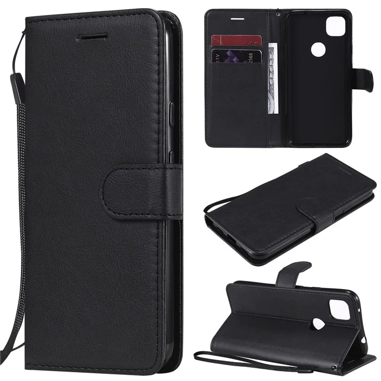 For Google Pixel 4a 4G Case Solid Color Leather Mobile Cover Wallet Stand with Strap - Black