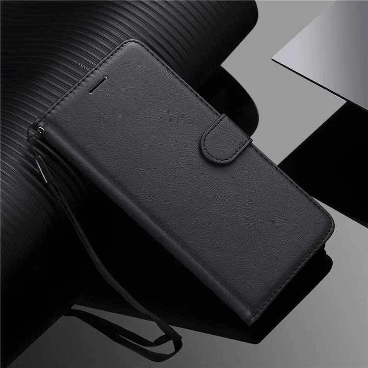 For Google Pixel 4a 4G Case Solid Color Leather Mobile Cover Wallet Stand with Strap - Black