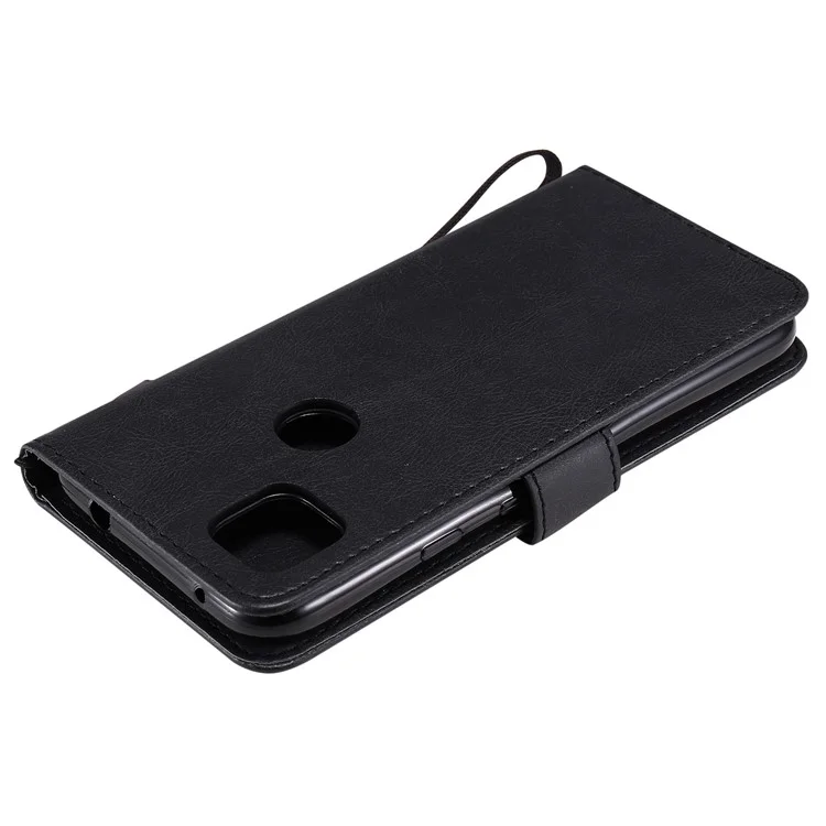 For Google Pixel 4a 4G Case Solid Color Leather Mobile Cover Wallet Stand with Strap - Black