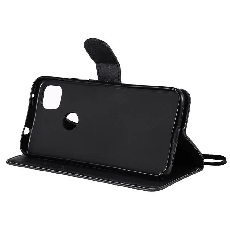 For Google Pixel 4a 4G Case Solid Color Leather Mobile Cover Wallet Stand with Strap - Black