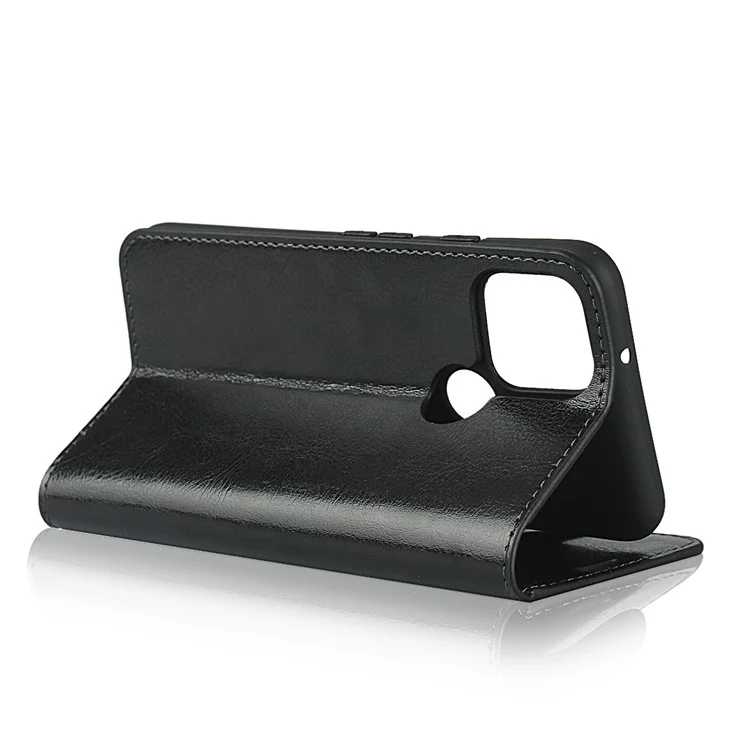 Crazy Horse Echtes Leder Wallet Stand Fall Für Google Pixel 5 - Schwarz