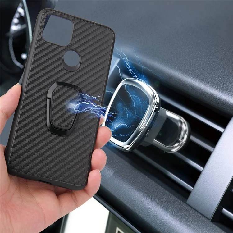 Ring-Shape Kickstand + PU Leather Coated Phone Cover Shell for Google Pixel 4a 5G - Carbon Fiber Texture