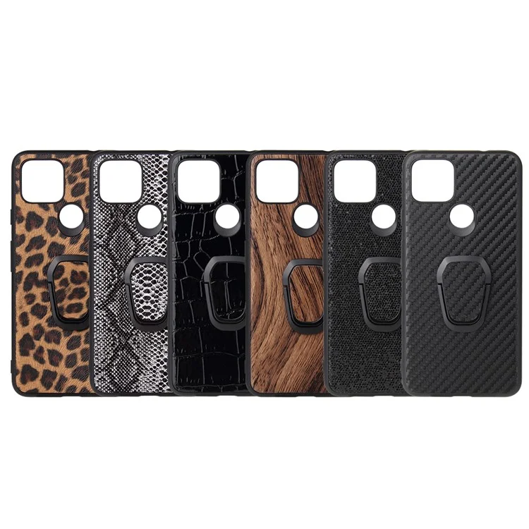Ring-Shape Kickstand + PU Leather Coated Phone Cover Shell for Google Pixel 4a 5G - Carbon Fiber Texture