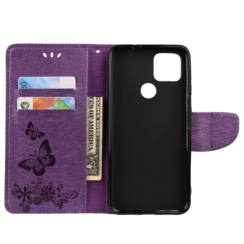 Butterfly Flower trykt læderpengepung med stand til Google Pixel 4a 5G - Lilla