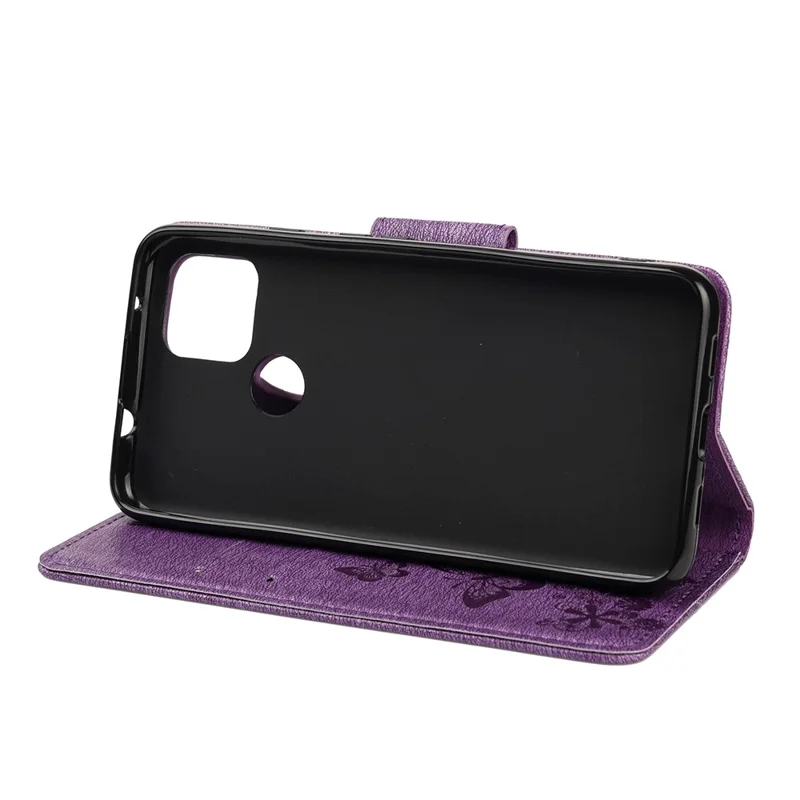 Butterfly Flower trykt læderpengepung med stand til Google Pixel 4a 5G - Lilla