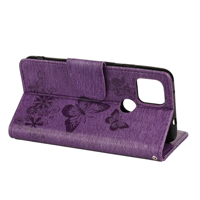 Butterfly Flower trykt læderpengepung med stand til Google Pixel 4a 5G - Lilla