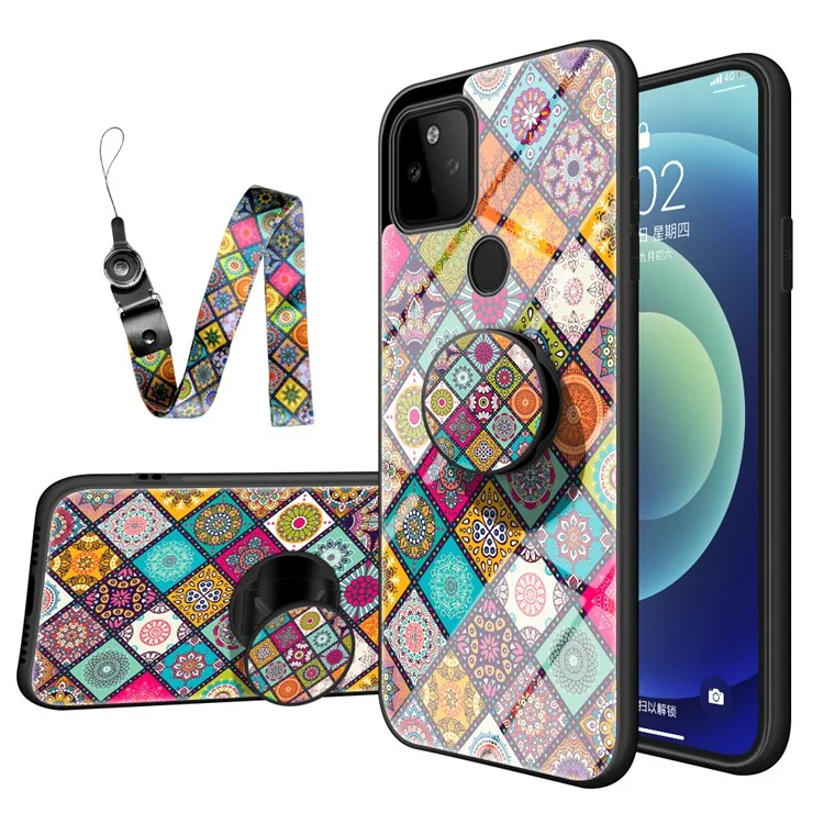 Colorful Flower Printing Design Hybrid Glass Case Phone Protector with Lanyard for Google Pixel 5a 5G - Checkered Pattern