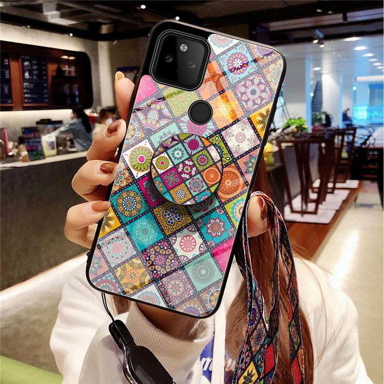 Colorful Flower Printing Design Hybrid Glass Case Phone Protector with Lanyard for Google Pixel 5a 5G - Checkered Pattern