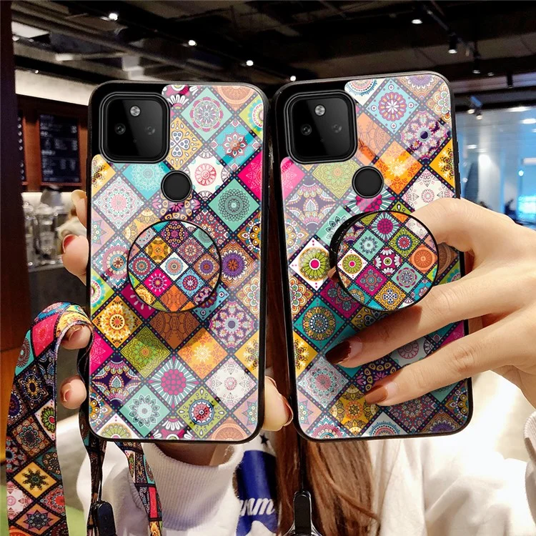 Colorful Flower Printing Design Hybrid Glass Case Phone Protector with Lanyard for Google Pixel 5a 5G - Checkered Pattern