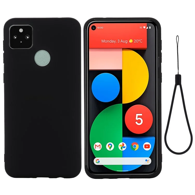 Coloration Solide Bien Protégée Liquide De Téléphone En Silicone De Protection De Téléphone Avec Bracelet Pour Google Pixel 5A 5G - Noir