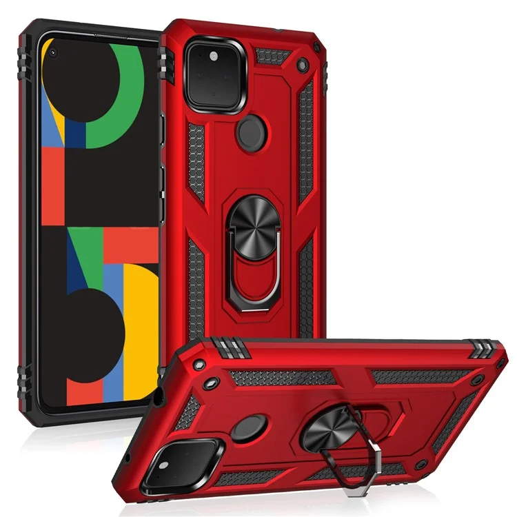 Hybrid PC + TPU + Metal Anti-Fall Finger Ring Kickstand Phone Case Shell for Google Pixel 4a 5G - Red