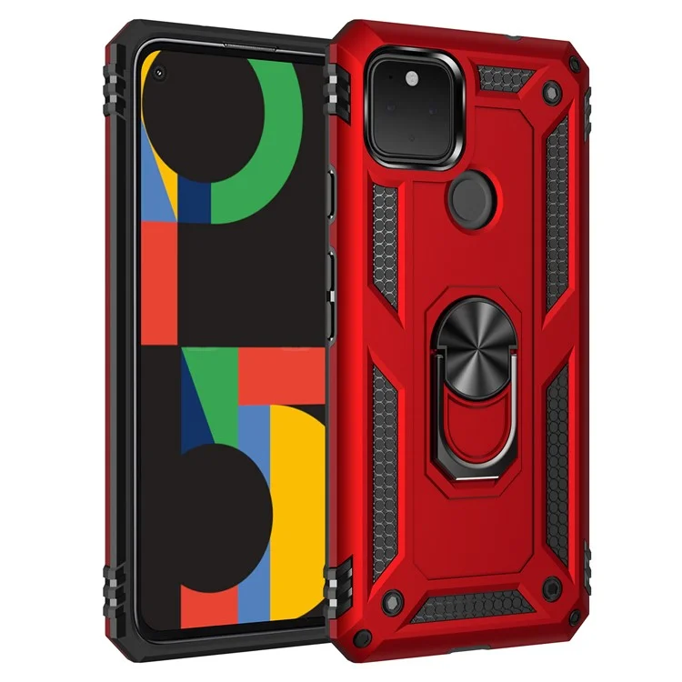 Hybrid PC + TPU + Metal Anti-Fall Finger Ring Kickstand Phone Case Shell for Google Pixel 4a 5G - Red