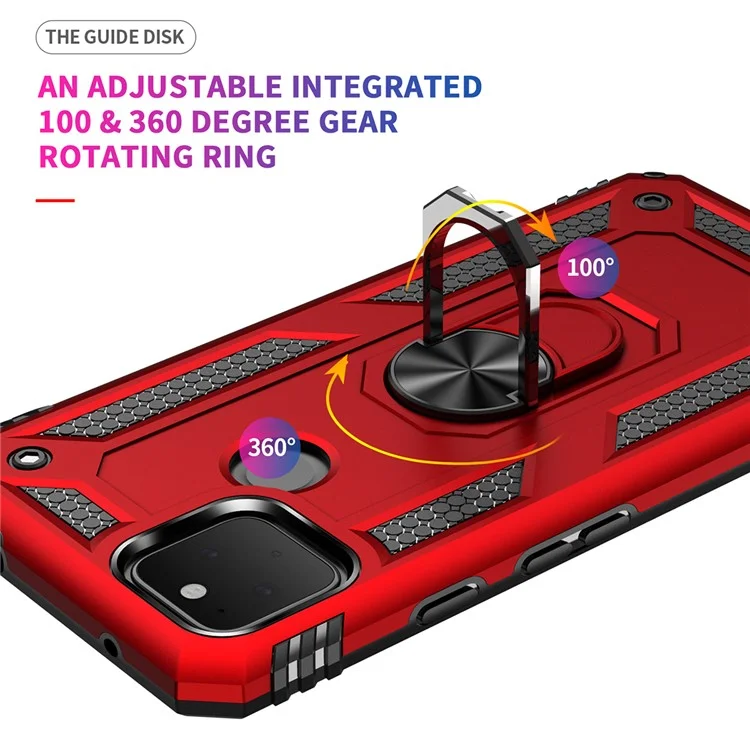 Hybrid PC + TPU + Metal Anti-Fall Finger Ring Kickstand Phone Case Shell for Google Pixel 4a 5G - Red