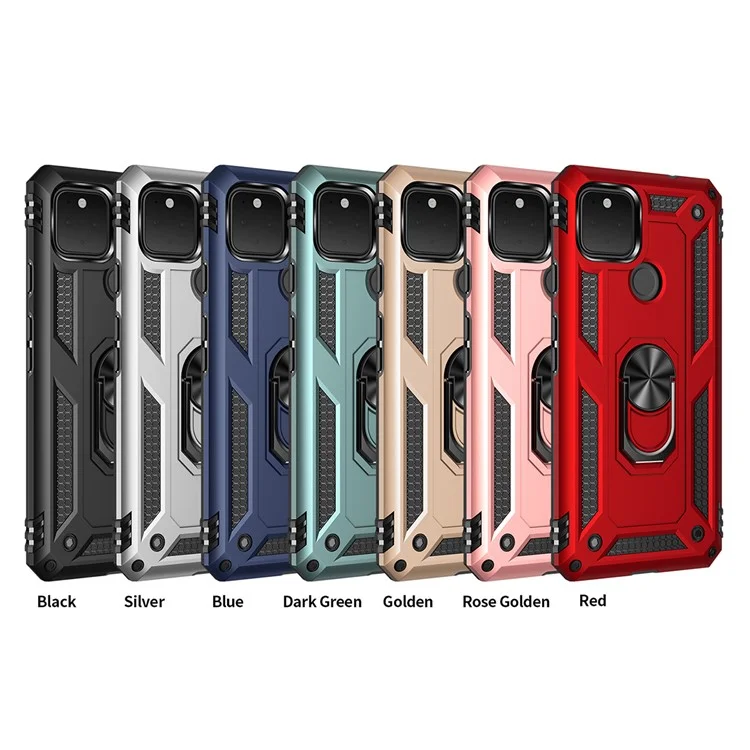 Hybrid PC + TPU + Metal Anti-Fall Finger Ring Kickstand Phone Case Shell for Google Pixel 4a 5G - Red