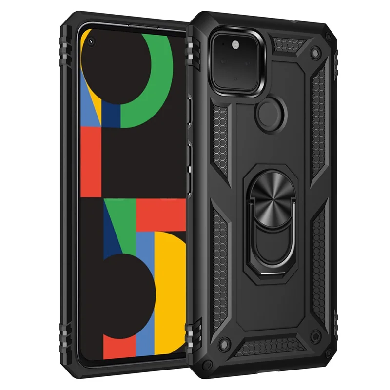 Hybrid PC + TPU + Metal Anti-Fall Finger Ring Kickstand Phone Case Shell til Google Pixel 4a 5G - Sort
