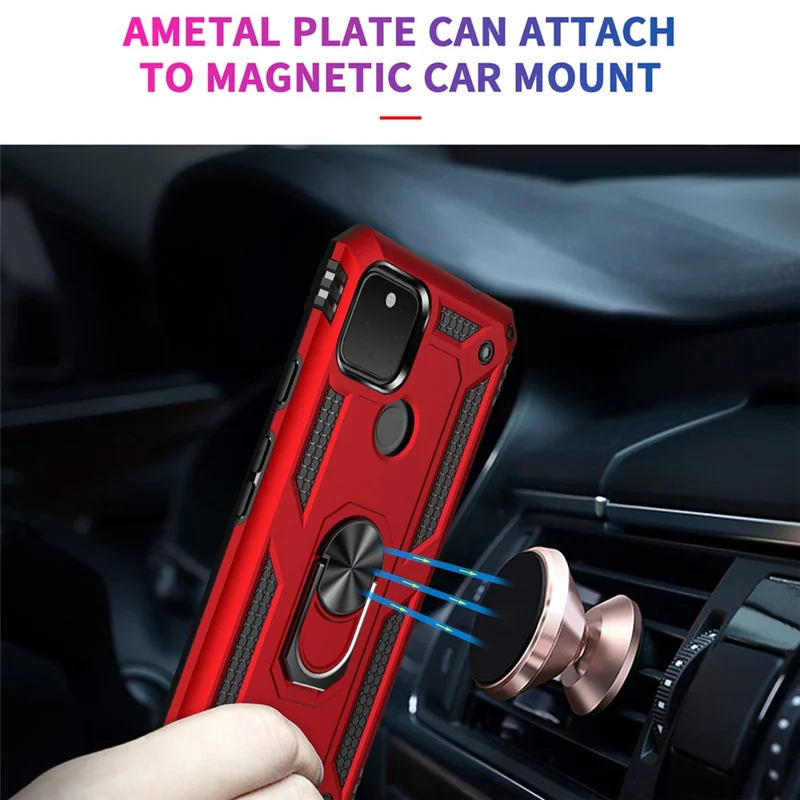Hybrid PC + TPU + Metal Anti-Fall Finger Ring Kickstand Phone Case Shell til Google Pixel 4a 5G - Sort