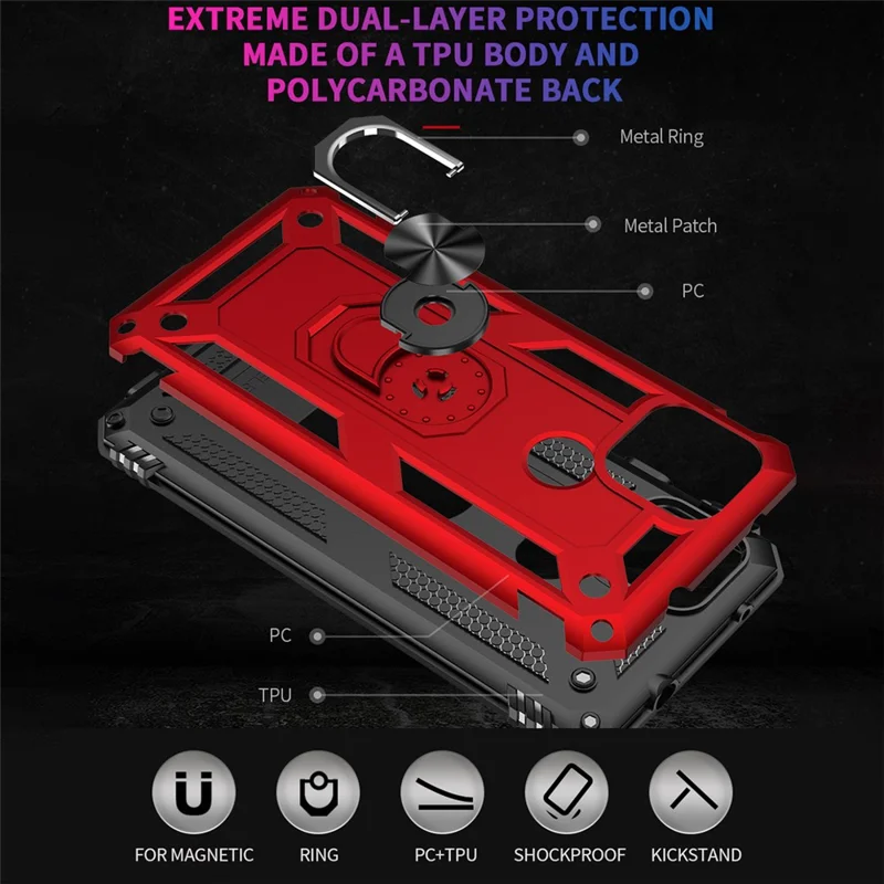 Hybrid PC + TPU + Metal Anti-Fall Finger Ring Kickstand Phone Case Shell til Google Pixel 4a 5G - Sort