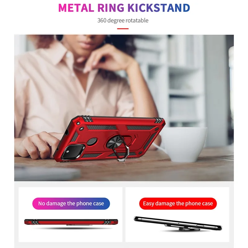 Hybrid PC + TPU + Metal Anti-Fall Finger Ring Kickstand Phone Case Shell til Google Pixel 4a 5G - Sort
