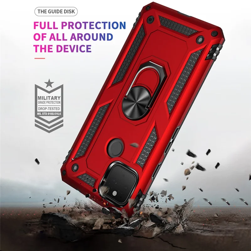 Hybrid PC + TPU + Metal Anti-Fall Finger Ring Kickstand Phone Case Shell til Google Pixel 4a 5G - Sort