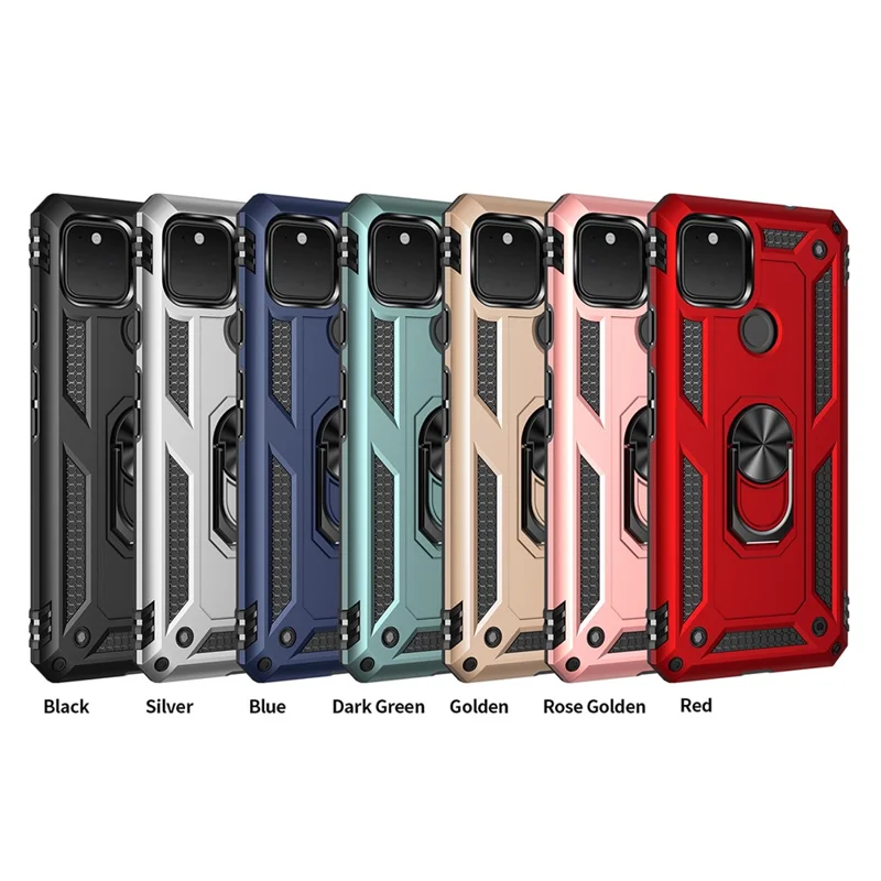Hybrid PC + TPU + Metal Anti-Fall Finger Ring Kickstand Phone Case Shell til Google Pixel 4a 5G - Sort