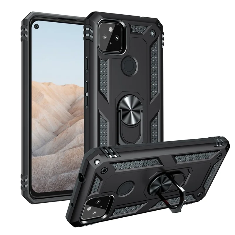Coque de protection hybride PC + TPU antichute avec anneau pour doigt et support pour Google Pixel 5a - Noir