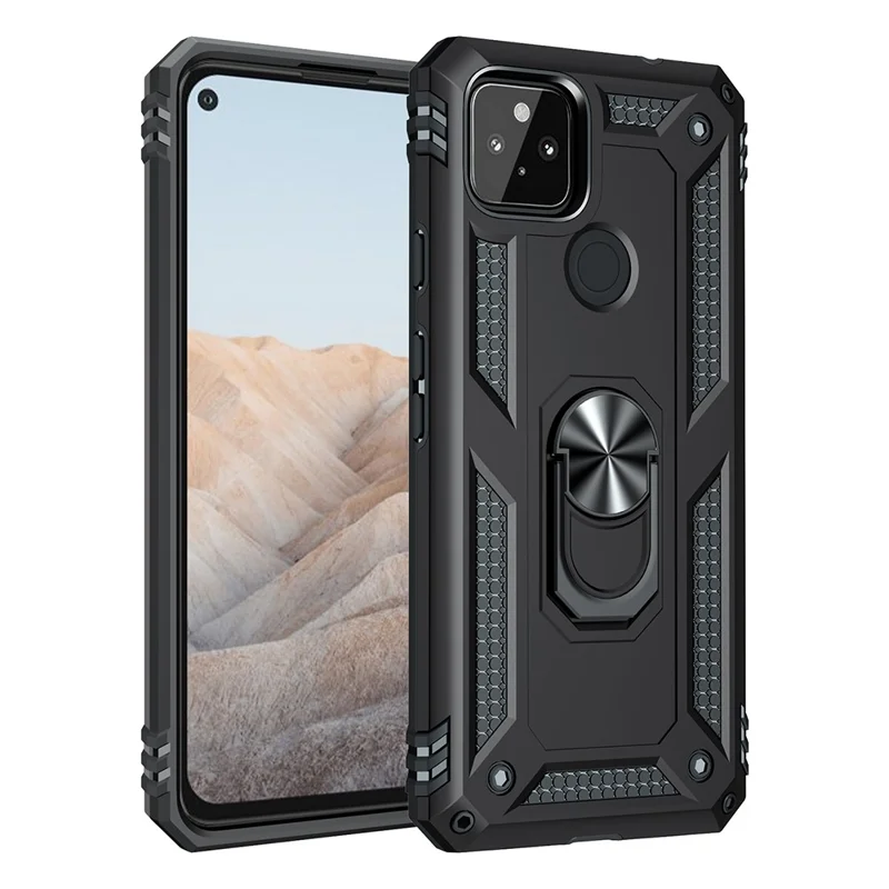 Coque de protection hybride PC + TPU antichute avec anneau pour doigt et support pour Google Pixel 5a - Noir