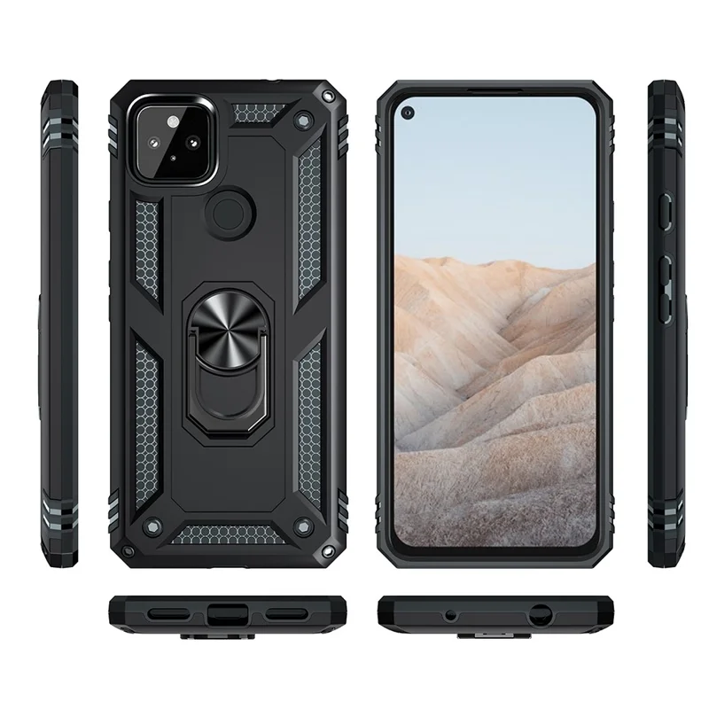 Coque de protection hybride PC + TPU antichute avec anneau pour doigt et support pour Google Pixel 5a - Noir