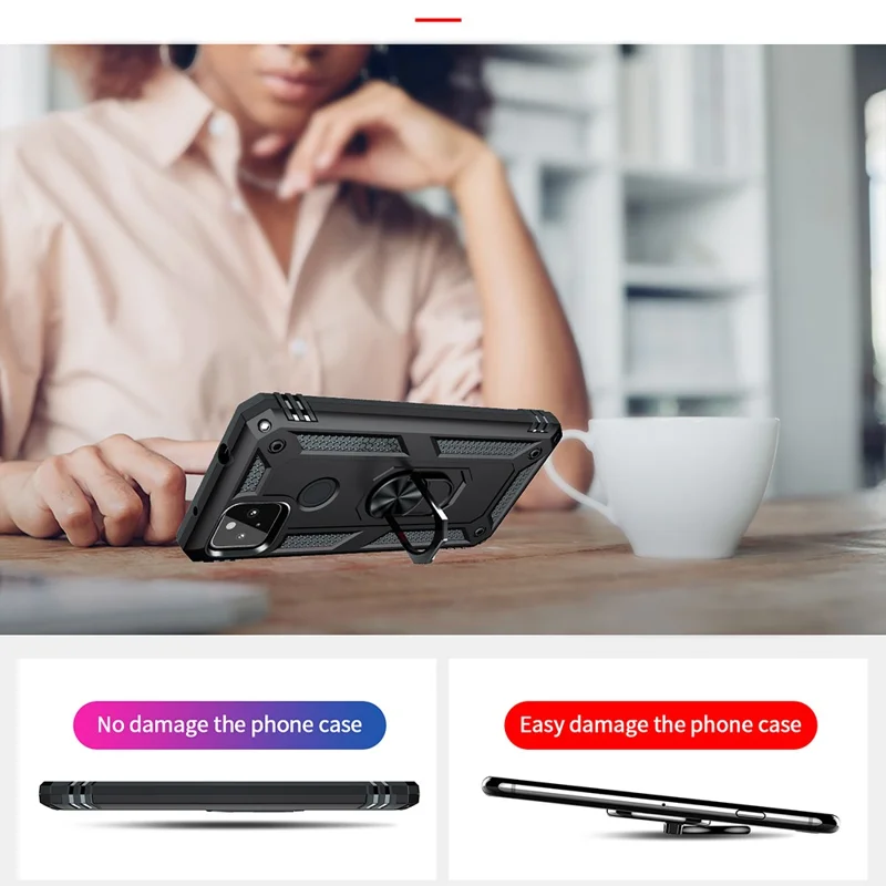 Coque de protection hybride PC + TPU antichute avec anneau pour doigt et support pour Google Pixel 5a - Noir