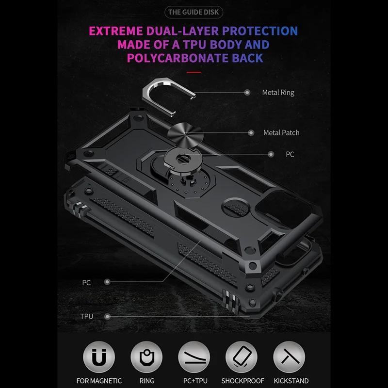 Coque de protection hybride PC + TPU antichute avec anneau pour doigt et support pour Google Pixel 5a - Noir