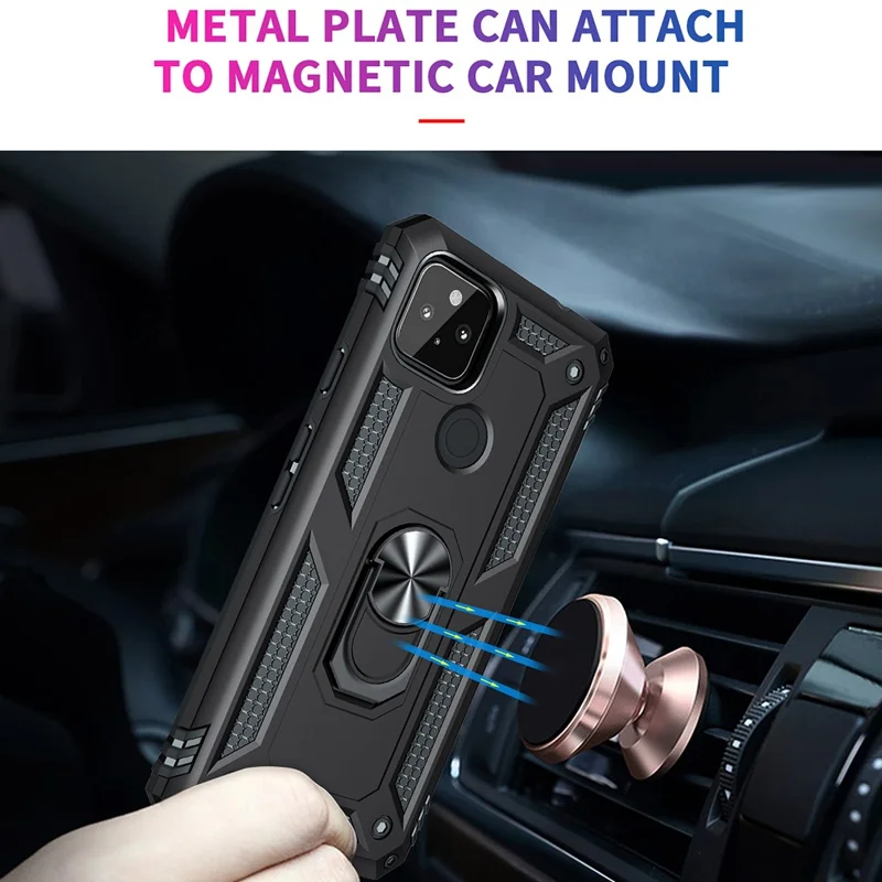 Coque de protection hybride PC + TPU antichute avec anneau pour doigt et support pour Google Pixel 5a - Noir