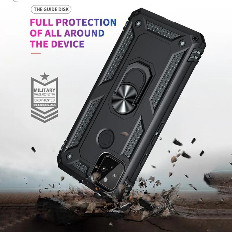 Coque de protection hybride PC + TPU antichute avec anneau pour doigt et support pour Google Pixel 5a - Noir