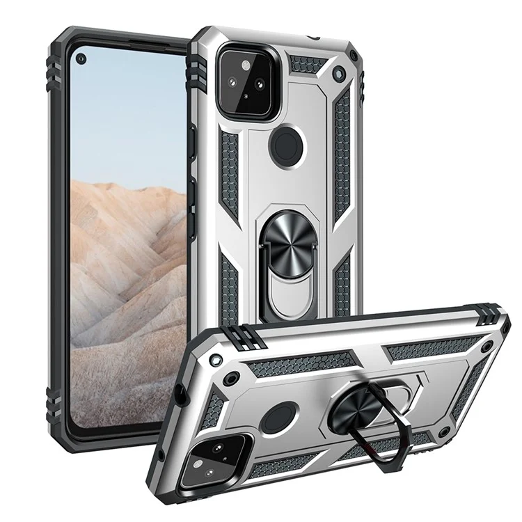 Anti-Fall Hybrid PC + TPU Phone Case Shell with Finger Ring Kickstand for Google Pixel 5a - Silver