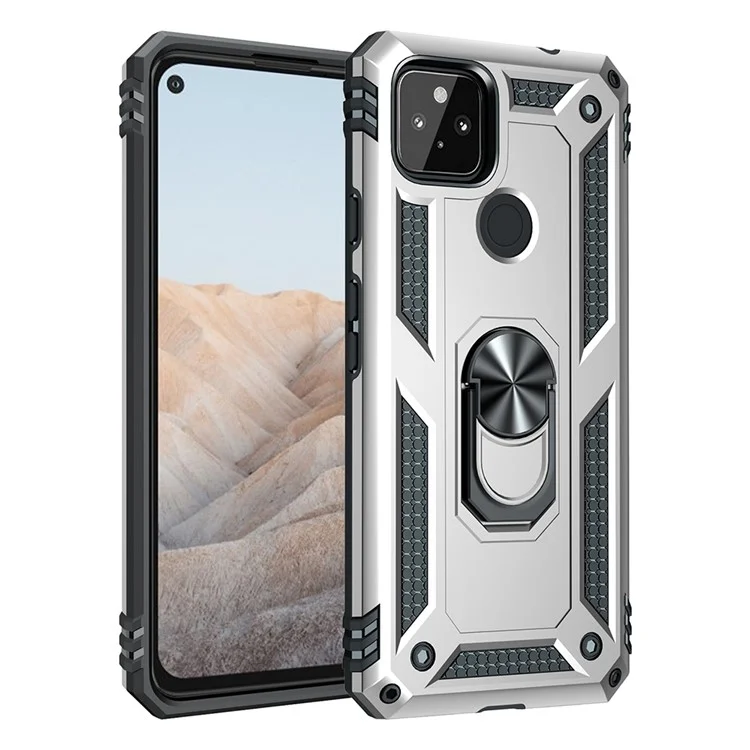 Anti-Fall Hybrid PC + TPU Phone Case Shell with Finger Ring Kickstand for Google Pixel 5a - Silver