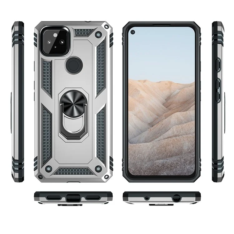 Anti-Fall Hybrid PC + TPU Phone Case Shell with Finger Ring Kickstand for Google Pixel 5a - Silver