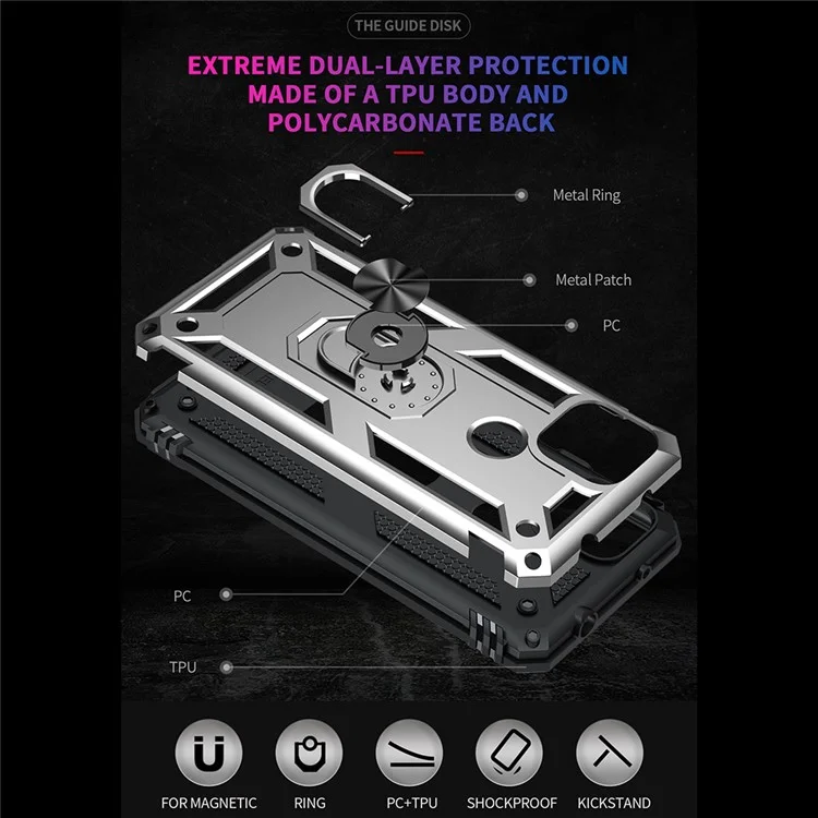 Anti-Fall Hybrid PC + TPU Phone Case Shell with Finger Ring Kickstand for Google Pixel 5a - Silver