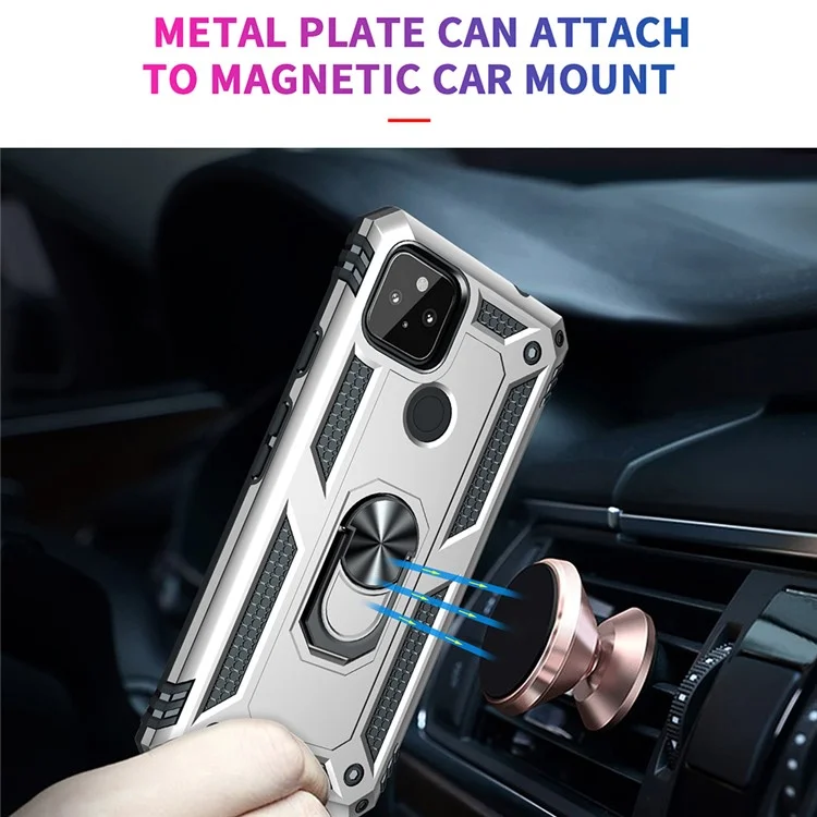 Anti-Fall Hybrid PC + TPU Phone Case Shell with Finger Ring Kickstand for Google Pixel 5a - Silver