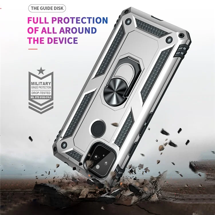 Anti-Fall Hybrid PC + TPU Phone Case Shell with Finger Ring Kickstand for Google Pixel 5a - Silver