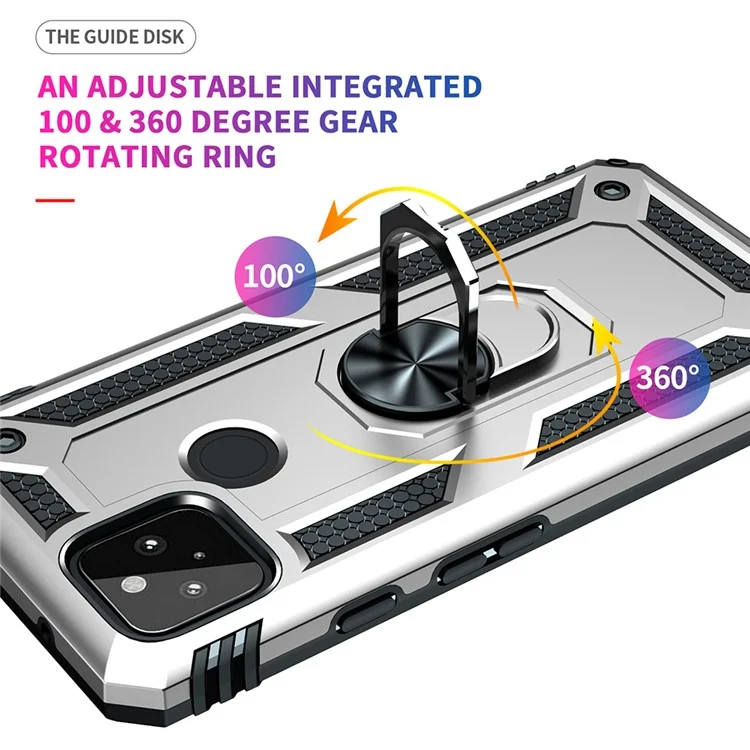 Anti-Fall Hybrid PC + TPU Phone Case Shell with Finger Ring Kickstand for Google Pixel 5a - Silver