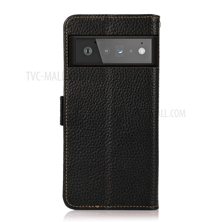 Khazneh Litchi Textura Genuíno De Couro Anti-Theft Swiping Design Stand Carteira Phone Case Para Google Pixel 6 Pro - Preto