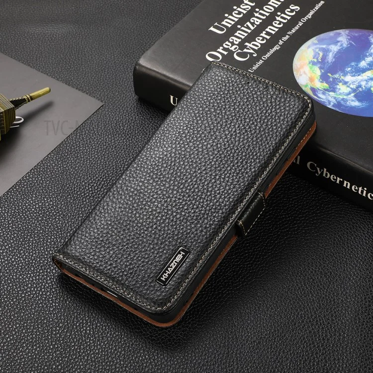 Khazneh Litchi Textura Genuíno De Couro Anti-Theft Swiping Design Stand Carteira Phone Case Para Google Pixel 6 Pro - Preto